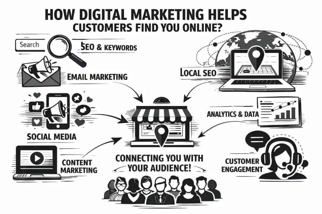 Infographic explaining services by the Best Digital Marketing Specialist in Pathanamthitta, including SEO, social media, and analytics